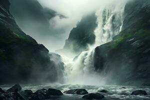 cascata nel il montagne. montagna fiume nel il nebbioso mattina foto