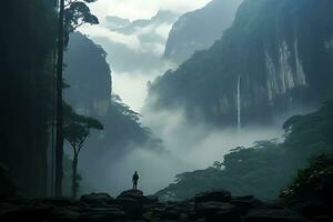 silhouette di un' uomo in piedi su il bordo di un' scogliera e guardare a un' cascata nel il nebbia foto