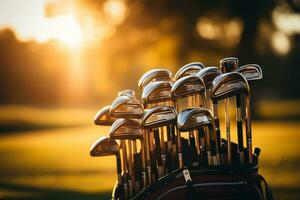 avvicinamento di golf Ingranaggio su illuminata dal sole fairway ai generato foto