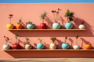 contro vivido cielo, adobe parete vetrine decorativo pentole nel un ordinato preparativi ai generato foto