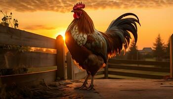 bellissimo Gallo nel il azienda agricola a tramonto. Gallo nel il villaggio foto