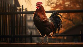 nero Gallo in piedi su il terrazza di un' pollo azienda agricola. foto