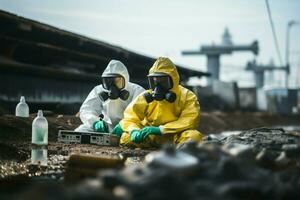 lavoratori nel Hazmat tute raccogliere campioni nel industriale la zona ai generato foto