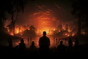 silhouette persone Guardando foresta fuoco nel notte ai generato foto