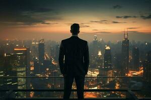 fiducioso uomo d'affari su tetto sguardi a città silhouette ai generato foto