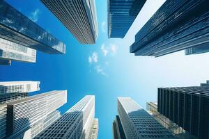 urbano aziendale grattacieli tiro a partire dal sotto in direzione un' blu cielo, attività commerciale interno città concetto ai generativo foto