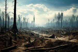 Immagine di un' cancellato foresta la zona con un' pochi residuo alberi, che rappresentano il devastante effetti di la deforestazione ai generativo foto