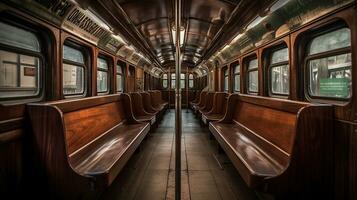 un' metropolitana auto con di legno panchine, ai generativo foto