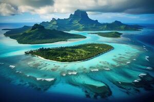 aereo Visualizza di il isola di bora bora, francese polinesia, aereo Visualizza di bora bora isola e laguna, ai generato foto