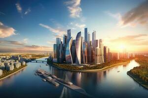 Shenzhen città orizzonte a tramonto, Cina. 3d rendering, aereo Visualizza di Mosca città con Mosca fiume, Russia, ai generato foto