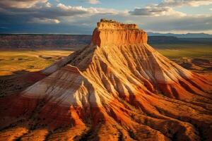 il butte di il vermiglio scogliere nazionale monumento nel Arizona, aereo Visualizza di un' arenaria butte nel Utah deserto valle a tramonto, Campidoglio scogliera nazionale parco, Hanksville, unito stati, ai generato foto