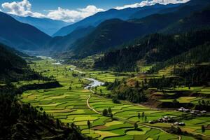 aereo Visualizza di verde riso terrazze nel sapa, Vietnam, aereo Visualizza di paro valle bhutan, ai generato foto
