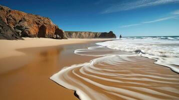 un' sabbioso spiaggia con onde In arrivo nel a partire dal il acqua e un' scogliera nel il distanza con un' blu cielo e nuvole sopra esso e un' blu oceano. generativo ai foto