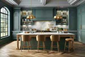 moderno cucina con blu Consiglio dei ministri ai generato foto