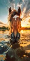 bellissimo pony avvicinamento con brillante criniera su acqua superficie generativo ai foto