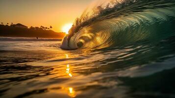 Indonesia un' Perfetto onda tramonto luce, Immagine con grano, altamente dettagliato. ai generativo foto