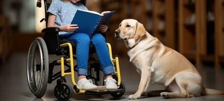 il accattivante armonia di un' ragazza, sua servizio cane, e il mondo di libri. generativo ai foto