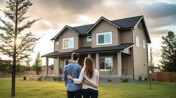 giovane famiglia guardare a loro nuovo casa in piedi con loro spalle, vero tenuta Acquista, investimento concetto. generativo ai foto