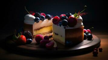 un' fetta di torta è nel bianca e ha fragole e frutti di bosco su esso, nel il stile di nero sfondo, grassetto linee, vivace colore, leggero ambra. generativo ai foto