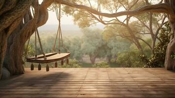 vecchio di legno terrazza con di vimini swing appendere su il albero con sfocato natura sfondo 3d rendere, generativo ai foto