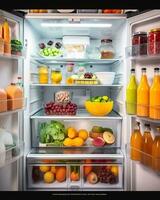 frigorifero con diverso prodotti nel cucina, ai generativo foto