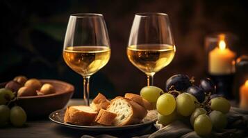 vino bicchieri di Vintage ▾ chardonnay con delizioso Antipasti. coppia di bicchieri di bianca vino, italiano grissini, fichi e uva. ai generativo foto