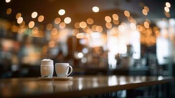 sfocatura caffè negozio o bar ristorante con astratto bokeh leggero Immagine sfondo. per montaggio Prodotto Schermo o design chiave visivo disposizione, generativo ai foto