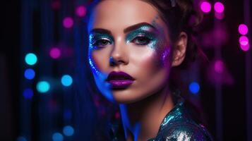 alto moda modello metallico argento labbra donna nel colorato luminosa neon blu e viola luci in posa nel studio, bellissimo ragazza, di moda raggiante trucco. luccichio vivido neon trucco, generativo ai foto