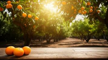 di legno tavolo posto di gratuito spazio per il tuo decorazione e arancia alberi con frutta nel sole luce. ai generativo foto