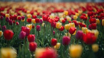 un' campo piantato con molti tulipani nel primavera volta. colorato sfondo con fiori per primavera vacanza stagione. vicino su, generativo ai foto