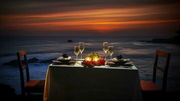 romantico tramonto cena su il spiaggia. bicchieri di Champagne bevande nel un' ristorante con mare Visualizza. estate amore, ai generativo foto