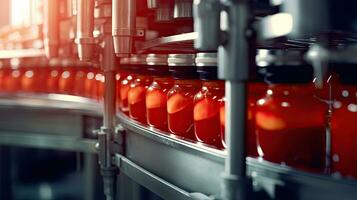 pomodoro succo Riempimento macchina nel industriale impianti. generativo ai foto