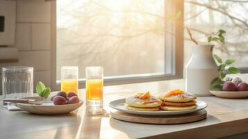 un' pancake prima colazione piatto nel un' largo tiro di un' bellissimo moderno cucina con bellissimo mattina leggero In arrivo nel a partire dal il grande finestre e controsoffitti nel il sfondo. ai generativo foto