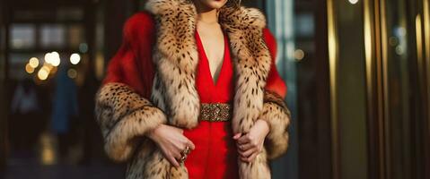 un' alla moda donna in posa nel un' affascinante pelliccia cappotto e squisito rosso abbigliamento. generativo ai foto