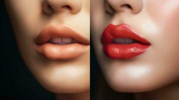 confronto di femmina labbra prima e dopo aumento. ai generativo foto