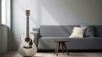 minimalista interno design concetto. acustico chitarra su grigio tessile divano nel spazioso camera di soffitta stile appartamento con legna strutturato laminato pavimentazione. vicino su. ai generativo foto