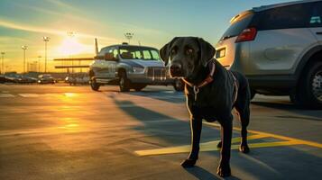 droga rivelazione cane annusando auto a aeroporto. polizia cane. annusare cane. generativo ai foto