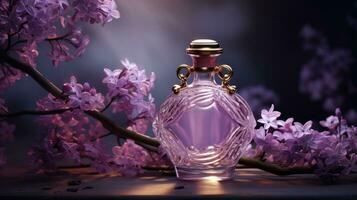 profumo bottiglia con lilla fiori foto