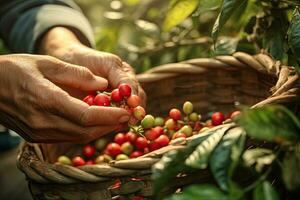 agricoltura raccolta caffè frutti di bosco, agricoltori mano raccolta arabica caffè frutti di bosco o robusta frutti di bosco di il mani. Vietnam. generativo ai foto