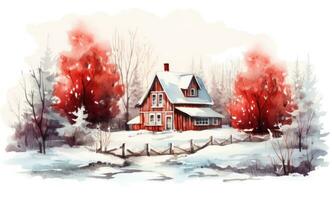 un' acquerello illustrazione di un' rosso azienda agricola Casa e pino alberi foto
