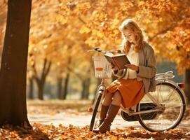 autunno sfondo con donna e bicicletta foto