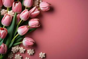 celebrativo tulipano telaio, un' piatto posare per Pasqua e Da donna giorno carte ai generato foto