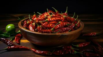 rosso chili peperoni nel un' ciotola su il tavolo. generativo ai foto