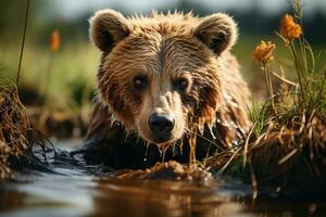 Marrone orso pesca nel un' fiume. generativo ai foto