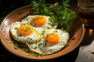 prima colazione perfezione, superiore Visualizza di frittura soleggiato lato su uova ai generato foto
