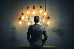 indietro Visualizza di un' ha riguardato uomo d'affari di brainstorming accanto un' lampada ai generato foto