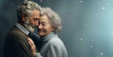 un' anziano coppia Abbracciare una persona ogni altro su un' sognante copia spazio sfondo. ai generato foto