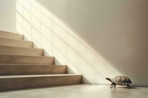 un' tartaruga striscia nel davanti di scale. perseveranza e determinazione. ai generato foto