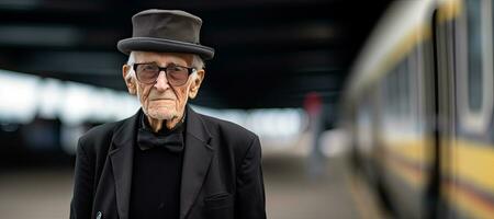 un anziano uomo nel un' metropolitana. invecchiamento, e il passaggio di tempo concetto. ai generato foto