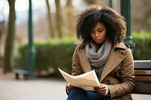 un' giovane africano americano donna lettura un' giornale. lavoro a caccia. ai generato foto